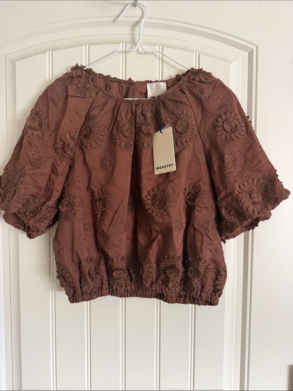 Industry Brown Floral Embroidered Puff Sleeve Blouse
